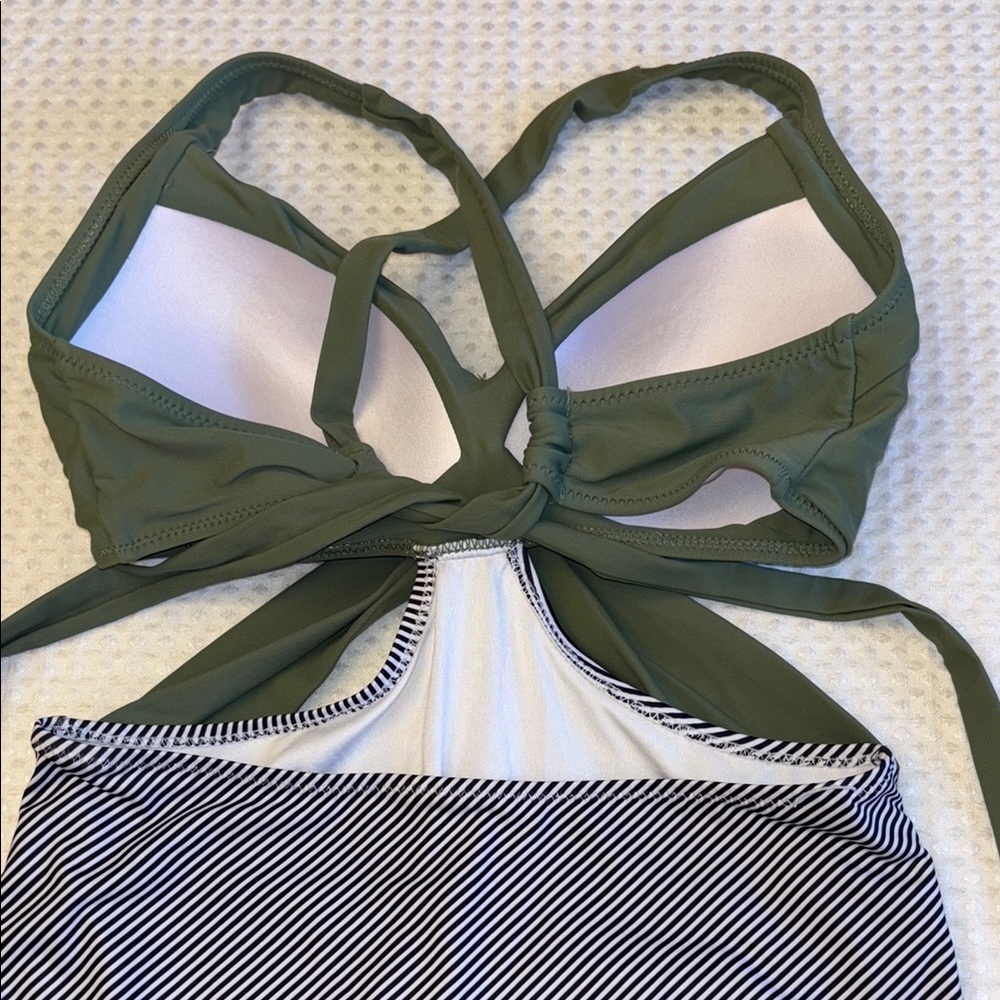 Medium Olive Sage Green Black White Striped Monokini One Piece Swimsuit - Picture 8 of 16